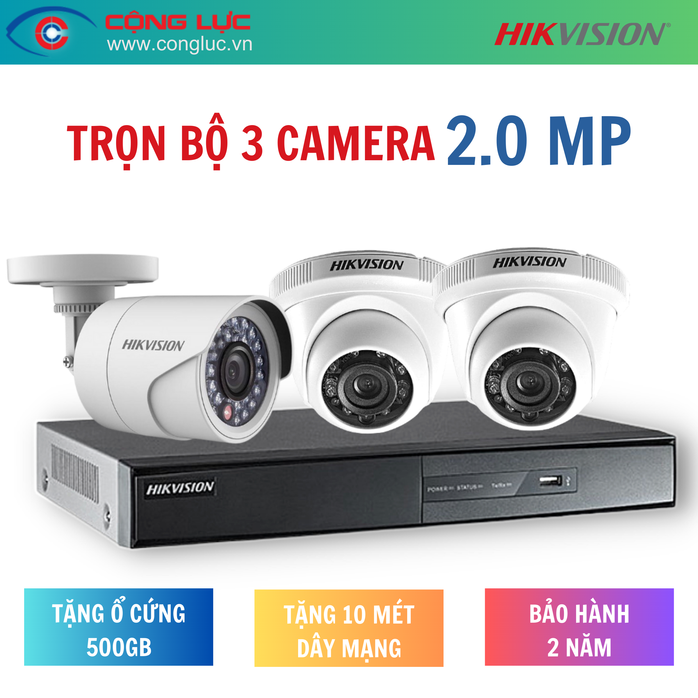 Trọn bộ 3 Camera Hikvision 2.0MP